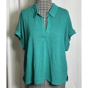 Banana Republic Shirt women Sz L linen blend short sleeve collared V-neck Green